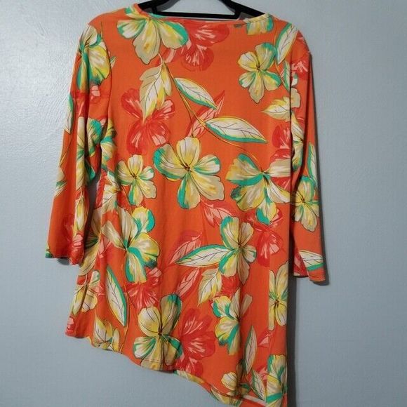 SUSAN GRAVER Women's Orange Bright Floral Asymmetrical Hem Tunic Blouse Top - Picture 4 of 5